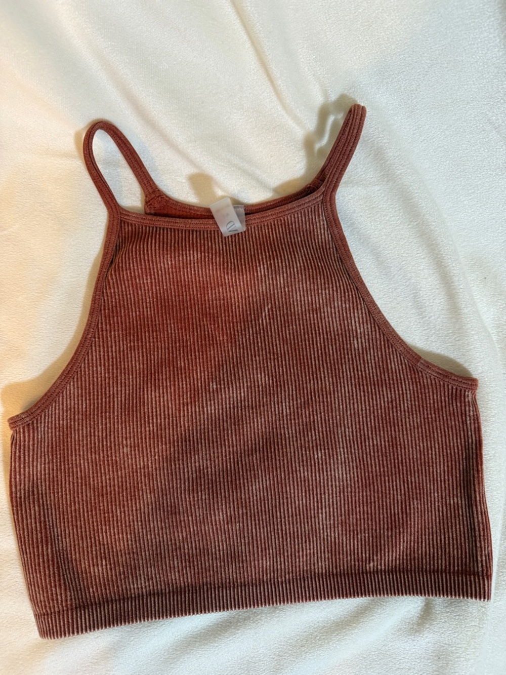 ANWND Terracotta Rust Ribbed High Neck Halter Crop Top‎ Mineral Wash SM
